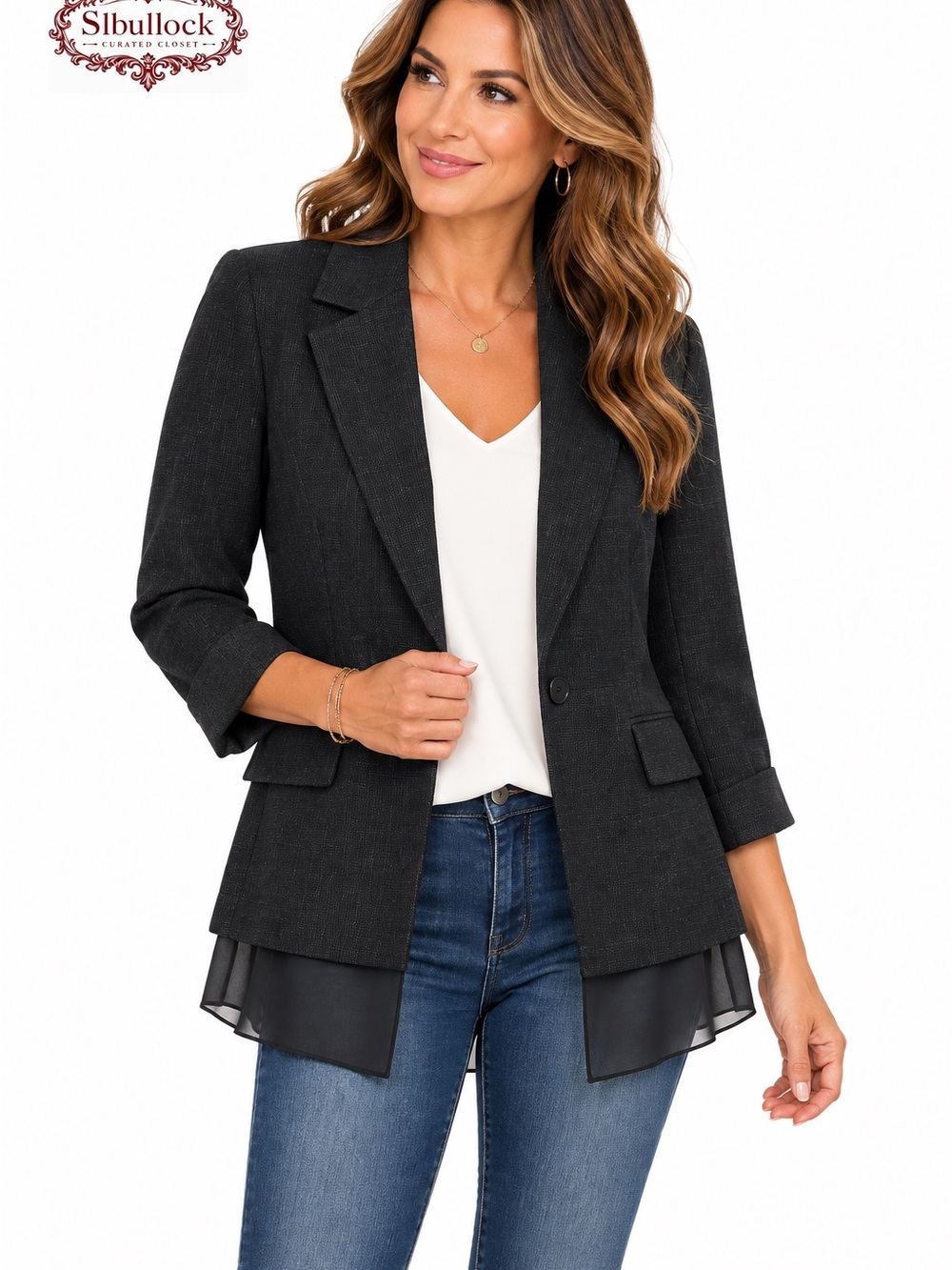 V77 Simply Vera Vera Wang Lightweight Blazer Chiffon Hem Black Size Medium